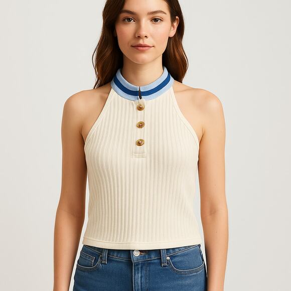 Y2K Preppy Ribbed Halter Tank Top White Button Front Meraki Medium - Picture 1 of 6